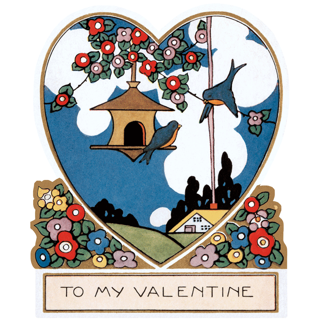 Vintage Valentines Card Die-Cut Apple Bird Hearts Happy Valentines Day  Greetings
