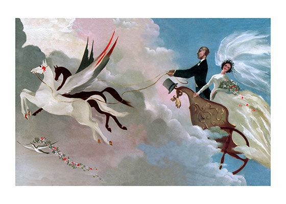 Wedding Couple in Flying Chariot - Wedding Greeting Card