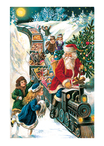 Santa Bringing Toys on a Train - Christmas Greeting Card