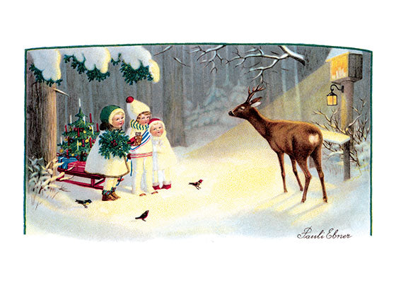 Children Feeding Animals in the Winter - Christmas Greeting Card