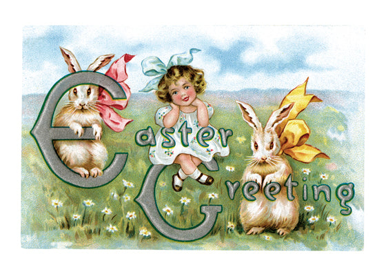 Bunnies and Girl Easter - Easter Greeting Card