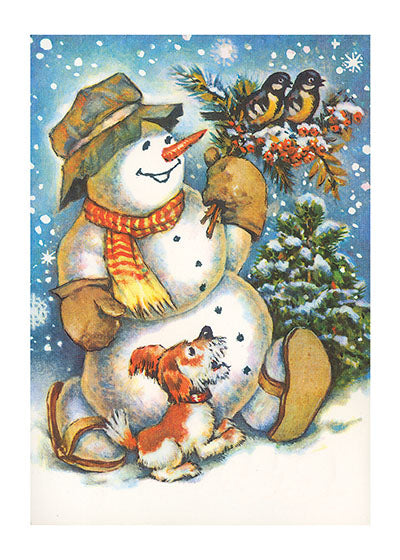 Snowman with Birds and a Dog - Christmas Greeting Card